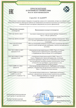 Сертификат соответствия: № ЕАЭС КС417/039.1Ш.02.02799<br />
ТР ТС 004/2011 «О безопасности низковольтного оборудования»<br />
ТР ТС 020/2011 «Электромагнитная совместимость технических средств»<br />
ТР ЕАЭС 037/2016 «Об ограничении применения опасных веществ в изделиях электротехники и радиоэлектроники»